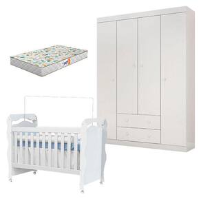 Berço Americano New Nanda com Guarda Roupa Helena Branco Brilho e Colchão Gazin - Phoenix