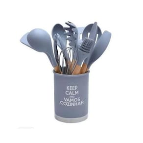 Conjunto Utensílios Silicone Com Copo Suporte Cinza 13 Peças
