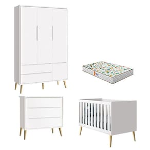 Quarto de Bebê 3 Portas e Cômoda Gaveteiro Theo Branco Pés Madeira Natural com Colchão Gazin - Reller