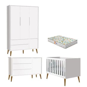 Quarto de Bebê 3 Portas Theo Branco Pés Amadeirados com Colchão Gazin - Reller
