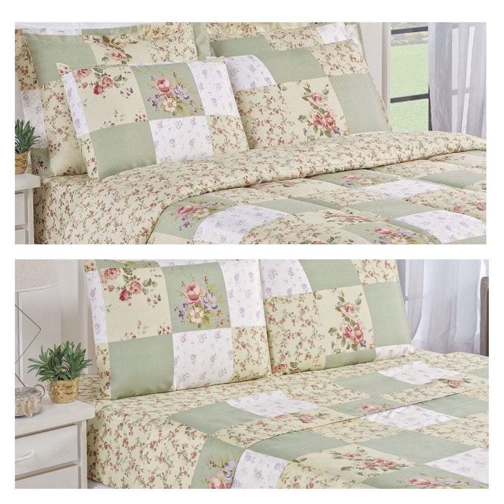 Kit Edredom Bouti Casal 2.40m 3 peças + Jogo de Cama Lençol Bouti Casal 4 pçs - Patchwork Verde