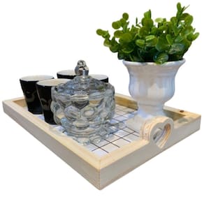 Bandeja, conjunto de copos, potiche de cristal e vaso branco