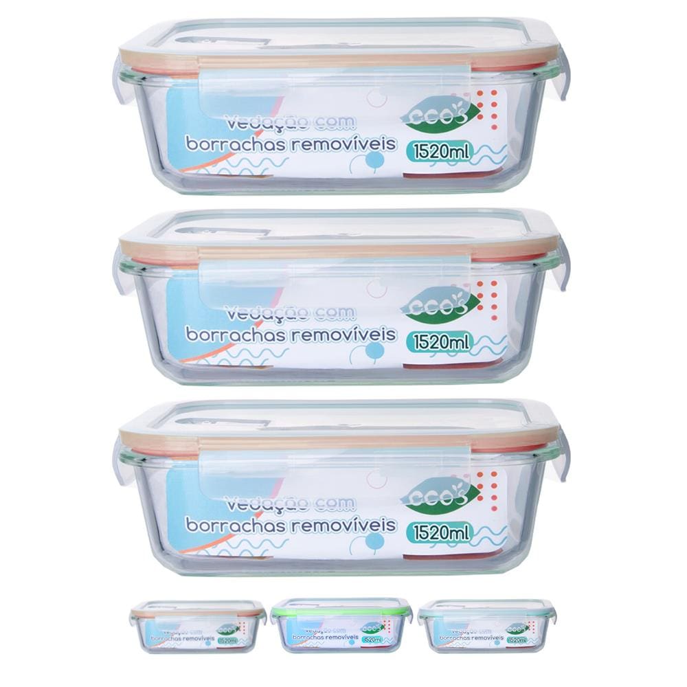 Jogo 3 Pote Vidro Retangular Tampa Hermetica 4 Trava 1520ML