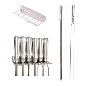 Kit 6 Espetos Em Inox Lamina 44Cm Com Porta Espeto Parede