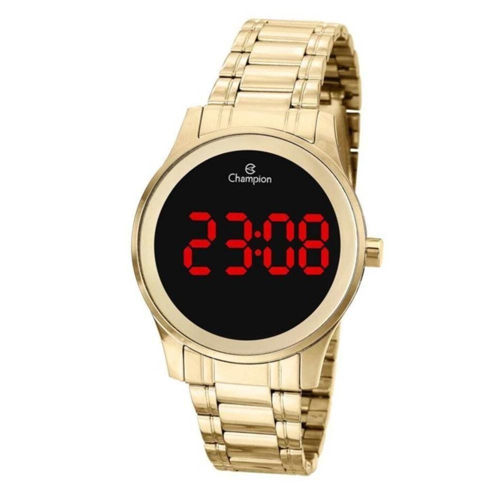 Relógio Feminino Dourado Champion Digital Led Vermelho + Nf