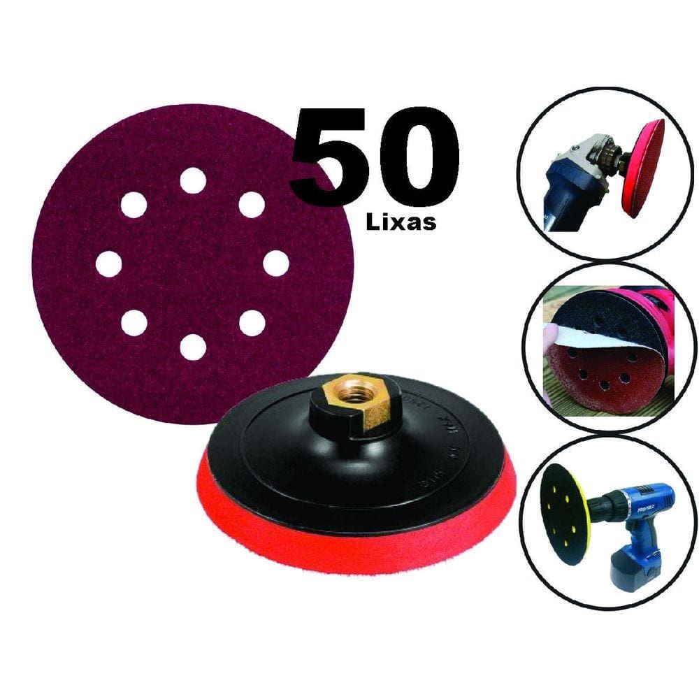 Kit 50 Discos Lixas para Lixadeiras Roto Orbital 125mm + Suporte Furadeira/Esmerilhadeira