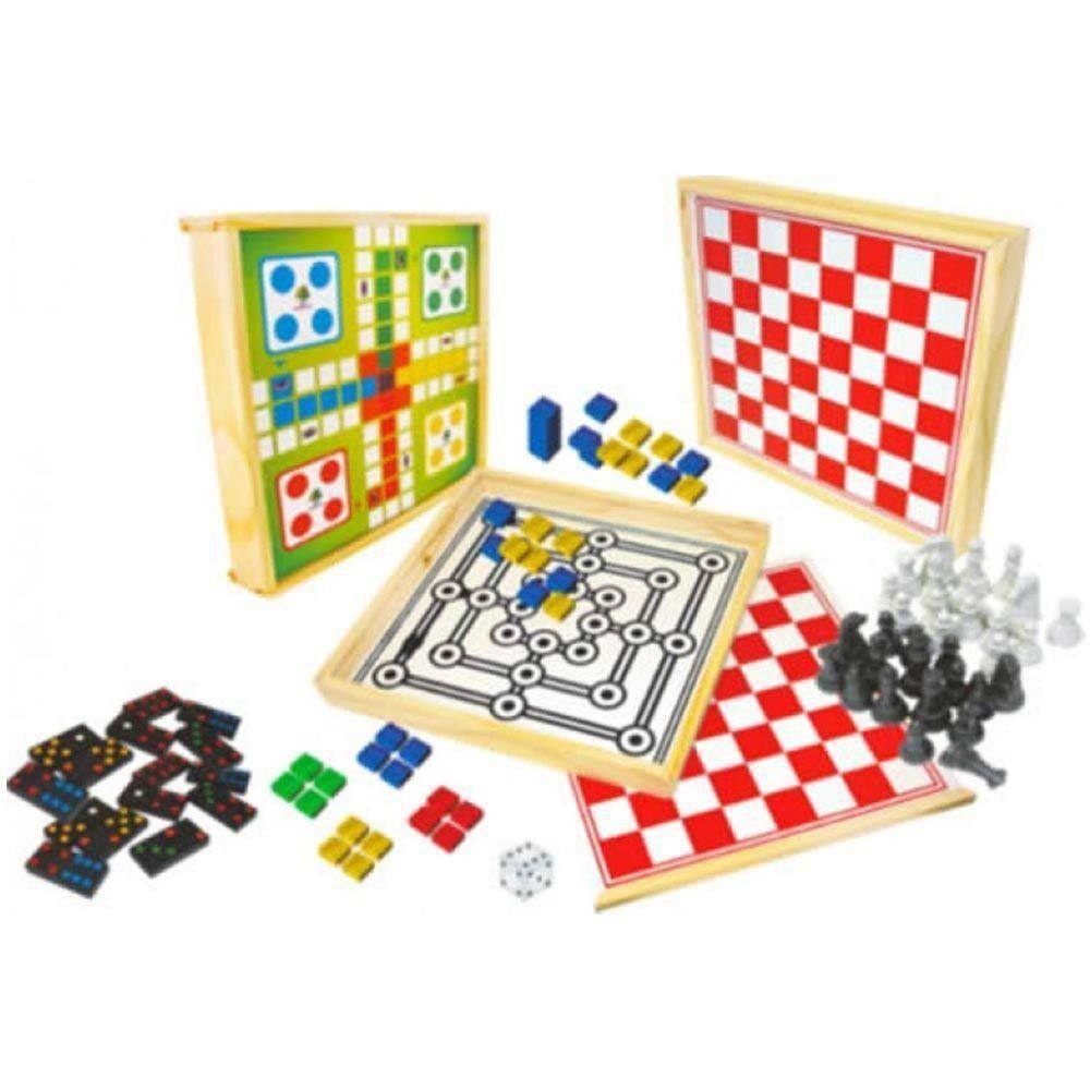 Kit 6 Jogos Com Dama/ Ludo/ Xadrez/ Trilha/ Dominó/ Forca