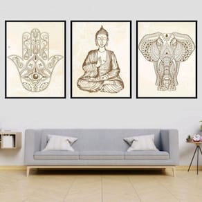 Kit 3 Quadros Decorativos Buda Zen Hamsa E Elefante 34x23cm