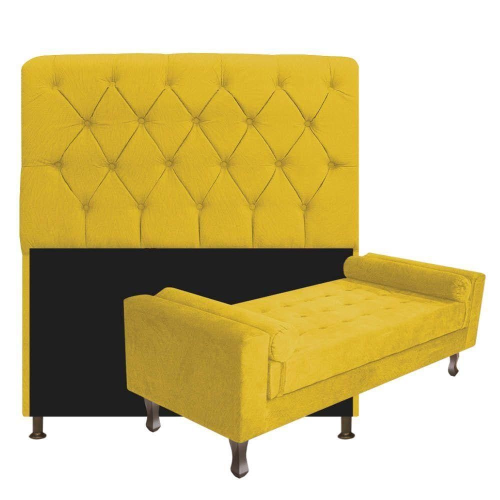 Cabeceira Lady e Recamier Félix 140 Cm Casal Suede Amarelo