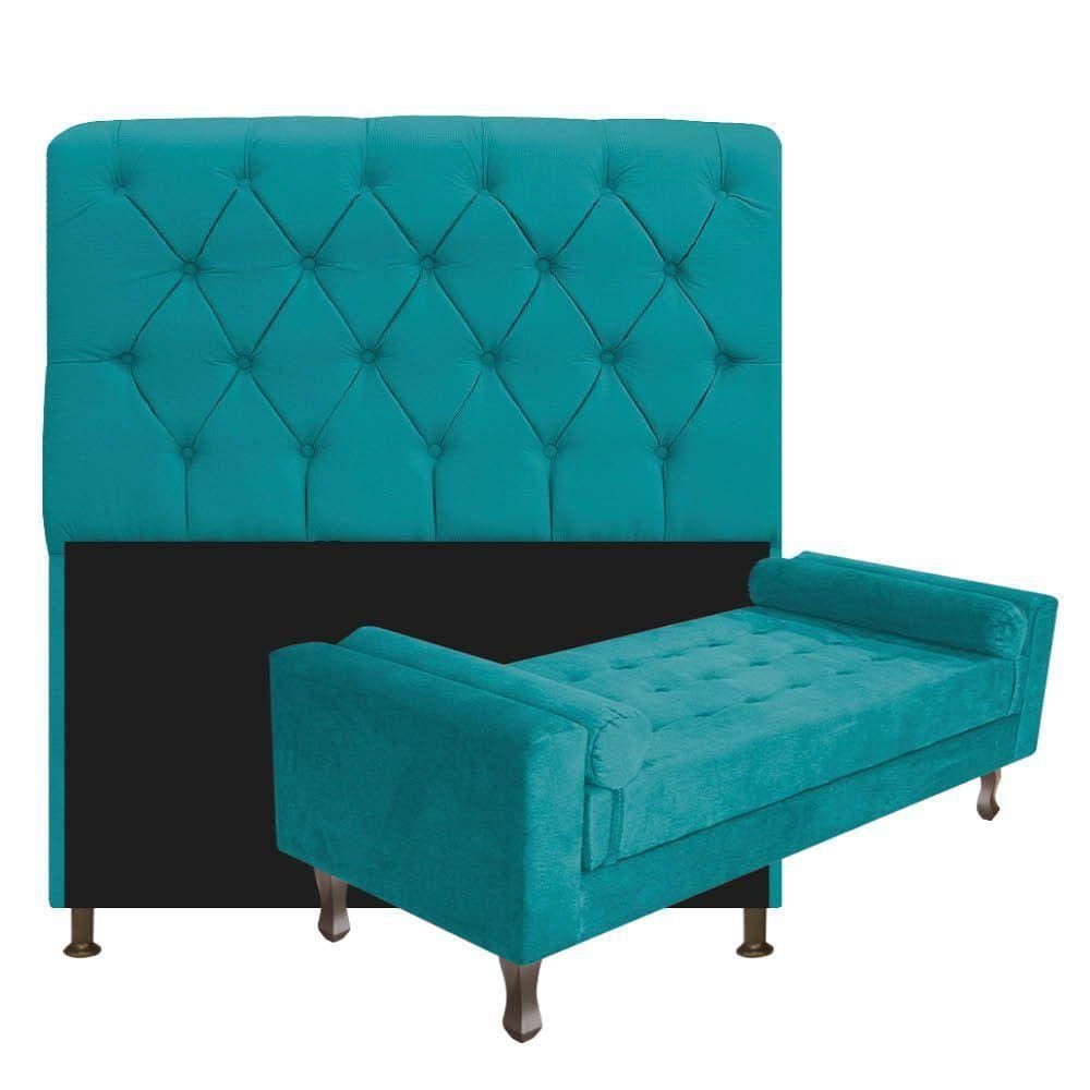 Cabeceira Solteiro Lady com Recamier 100 cm Suede Turquesa