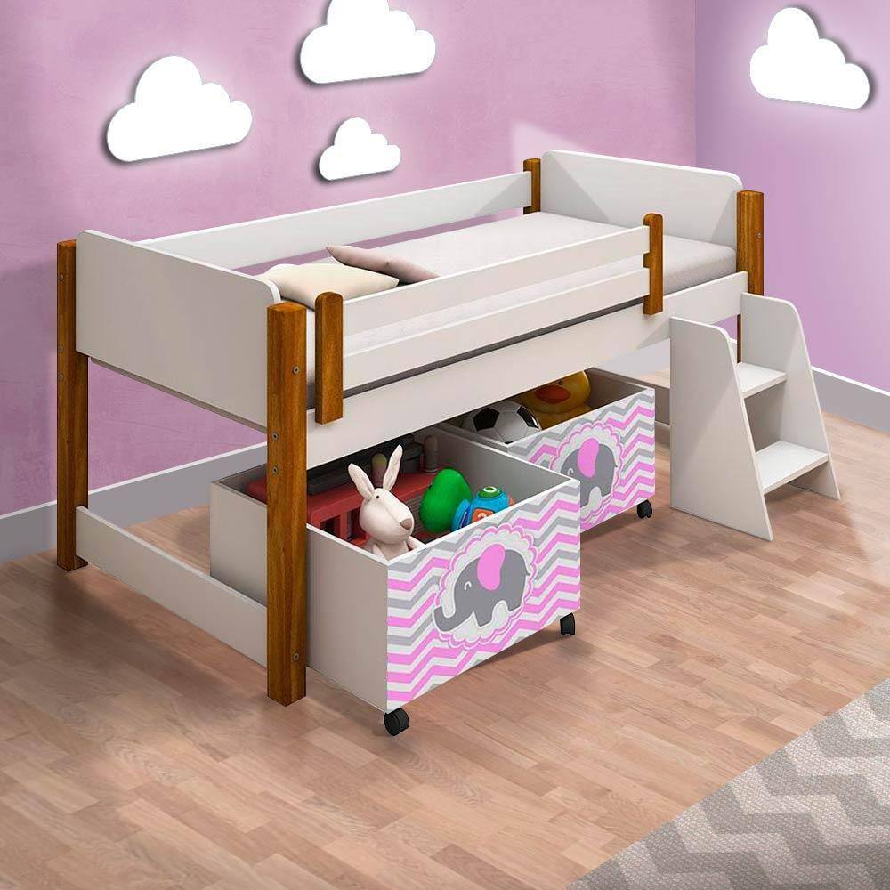 Cama De Solteiro Infantil Com Nicho Branco Amêndoa Adesivada Elefante Rosa Divaloto - Branco