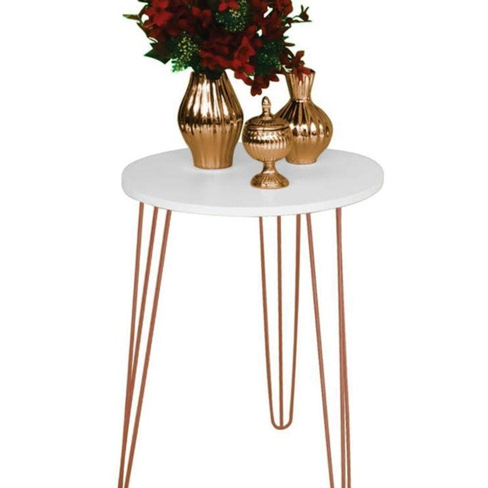 Mesa Redonda Em Mdf Tampo Preto 35Cm Pé De Ferro Metal Rosa