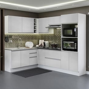 Cozinha Completa de Canto 100% MDF Madesa Acordes 419003 com Armário e Balcão - Frente Branco Brilho