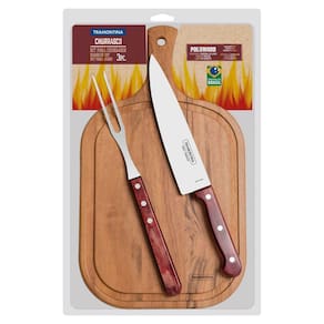 Kit para Churrasco Tramontina em Aço Inox e Cabo Vermelho Polywood com Tábua de Madeira 3 Peças Tramontina