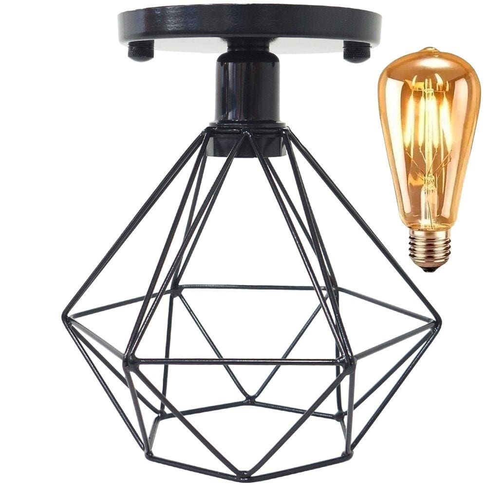 Lustre Teto Plafon + Lâmpada Led St64 Industrial Aramado Diamante Retrô Luminária Sobrepor Vintage