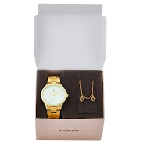 Kit Relogio Feminino Tuguir Analogico Dourado com Pingente
