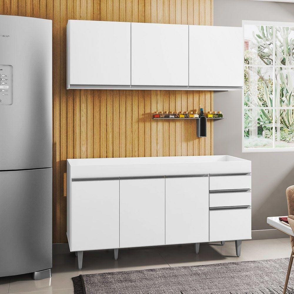 Armário Aéreo Argélia e Balcão Gabinete Tampo 150cm Branco
