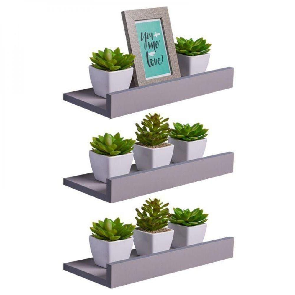 Kit 3 Prateleiras Porta Quadros 30 x 15cm Cinza Claro Invisível