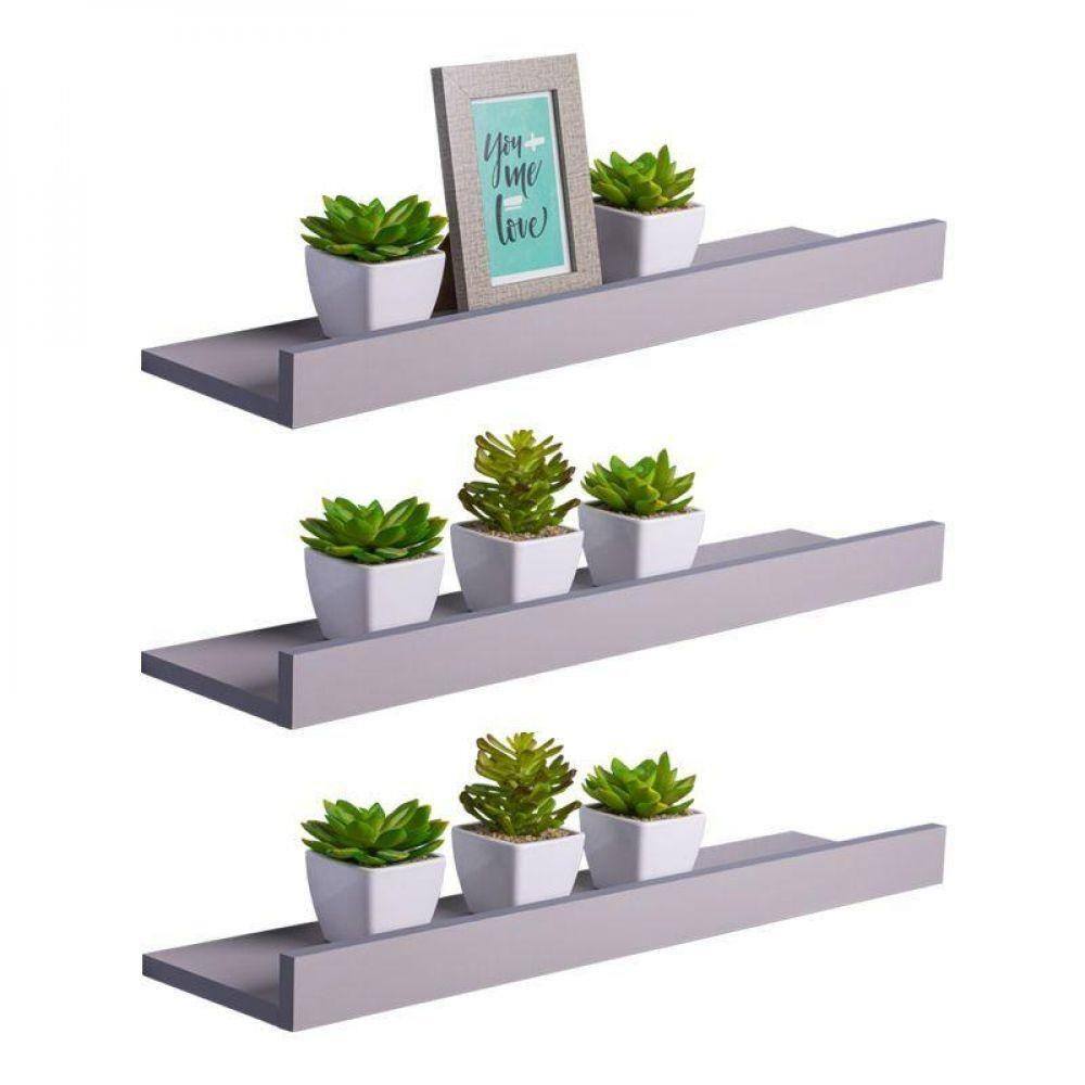 Kit 3 Prateleiras Porta Quadros 80 x 15cm Cinza Claro Invisível