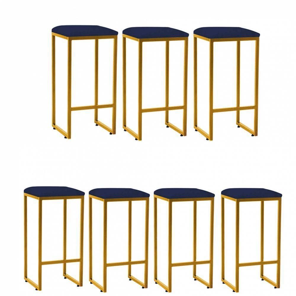 Kit 07 Banqueta Alta Lua Dourado Corino Azul Marinho