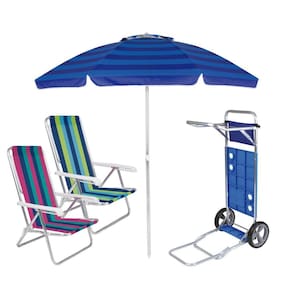 Kit Praia Guarda Sol Articulado 2m Carrinho Com Avanço para Caixa Cadeira Reclin 8 Pos Alumínio - Mor