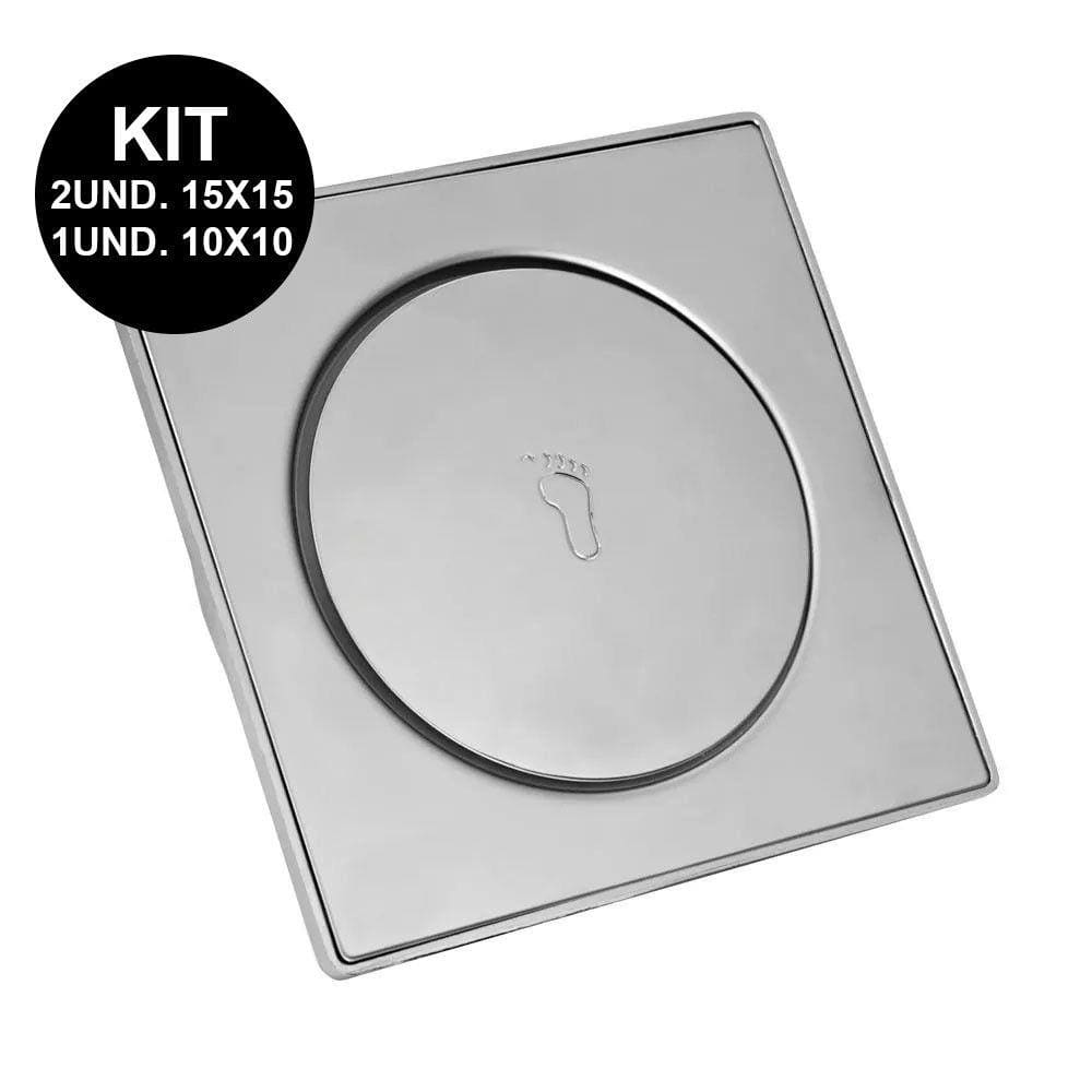 KIT Ralo Click Inteligente Aço Inox Clic Pop Up Banheiro Lavabo  2 Und.15x15 1 Und.10x10