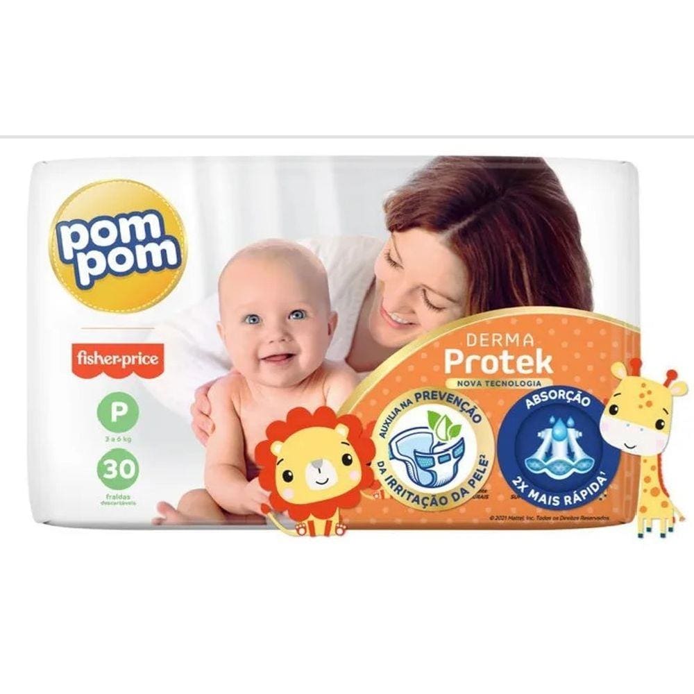 FRALDA DESCARTÁVEL POMPOM DERMA PROTEK NOVA P 3 a 6 kg