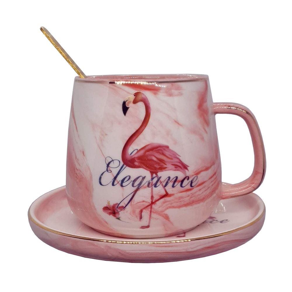 Caneca Pires De Porcelana e Colher Estampa De Flamingo 350ml
