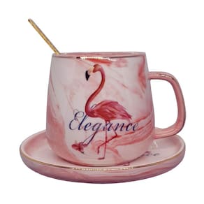 Caneca Pires De Porcelana e Colher Estampa De Flamingo 350ml