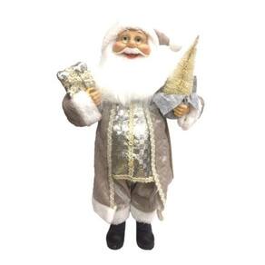 Papai Noel Casaco Cinza Perolado Luxo 45cm Presente e Pinheiro - Master Christmas