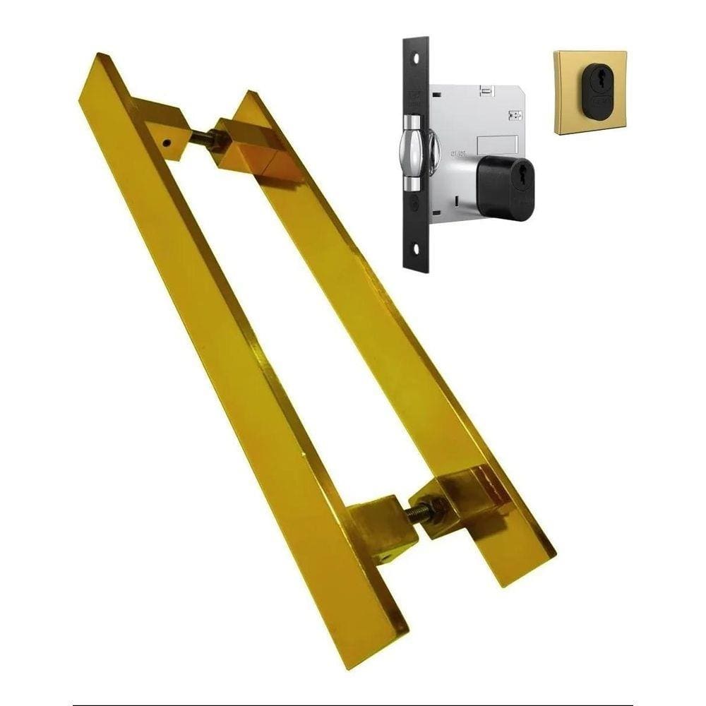 Puxador Porta Pivotante Inox Dourado Reto + Fechadura 40 Cm