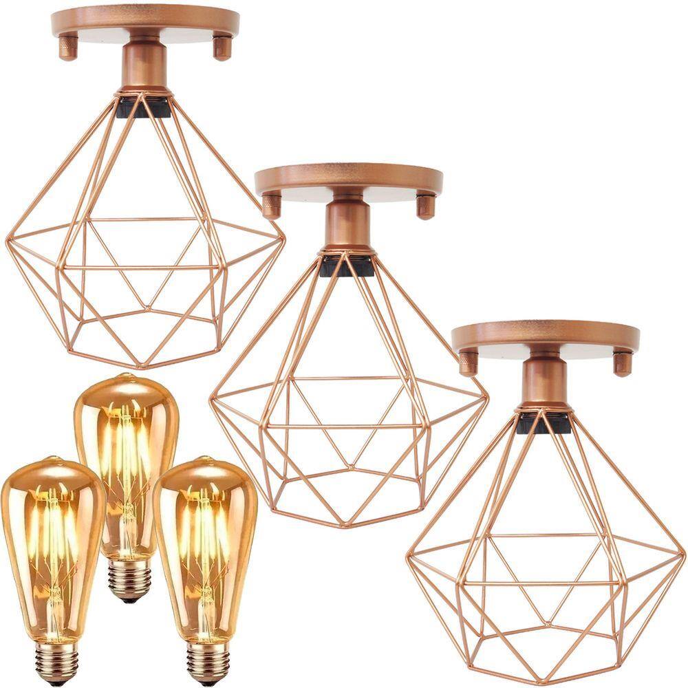 3 Lustre Teto Plafon + 3 Lâmpada Led St64 Industrial Aramado Diamante Retrô Luminária Vintage