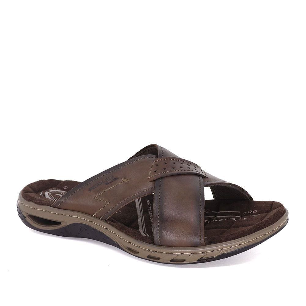 Chinelo Masculino Em Couro Tiras Largas Amortech Pegada Pinhão