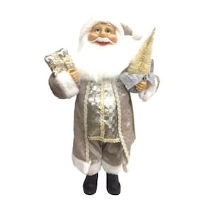 Papai Noel Casaco Cinza Perolado Luxo 45cm Presente e Pinheiro - Master Christmas
