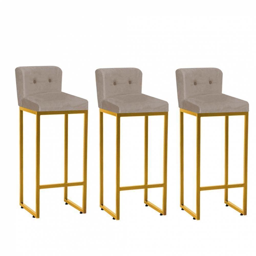 Kit 03 Banqueta Alta Dourado Botão Bege