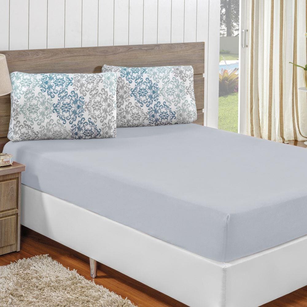 Jogo de Lençol Queen em Malha 100% Algodão 3 Peças - Cinza