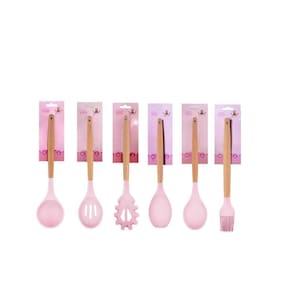 Kit Utensílios De Cozinha Colher Silicone Cabo Bambu Madeira