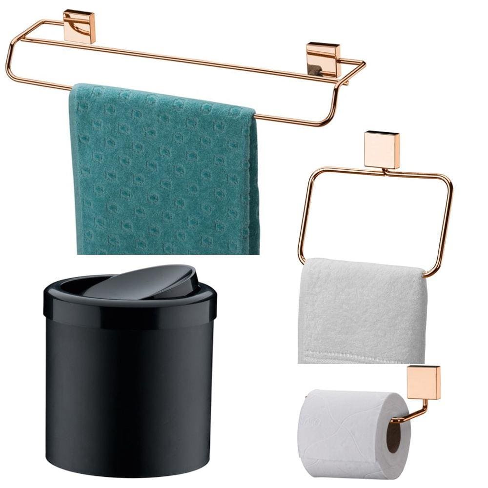 Kit Banheiro Rosé Toalheiro Duplo + Porta Toalha + Papeleira + Lixeira Basculante - Future