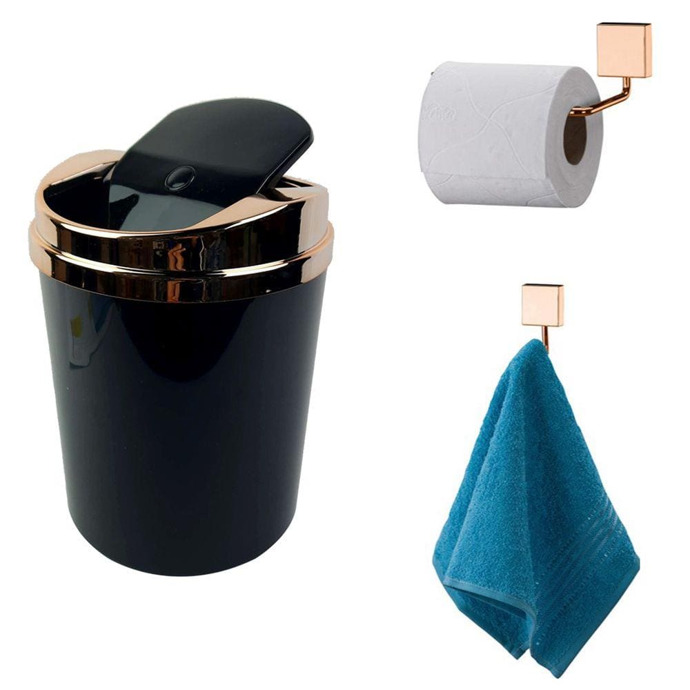 Kit 3 Peças Banheiro Lixeira + Papeleira + Cabide Toalha Rosé Gold - Future