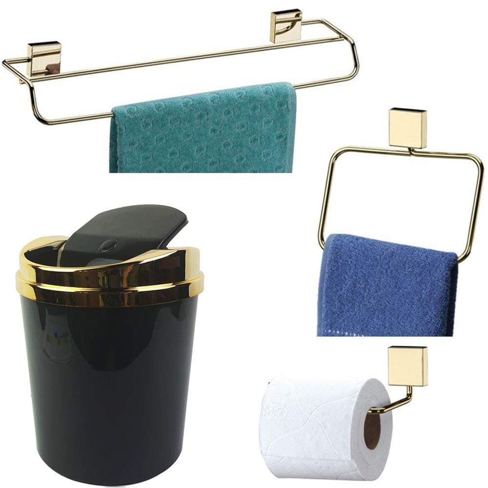 Kit 4 Peças Banheiro Lixeira + Papeleira + Toalheiro Duplo + Argola Dourado - Future