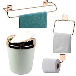 Kit 4 Peças Banheiro Lixeira + Papeleira + Toalheiro Duplo + Argola Rosé Gold - Future