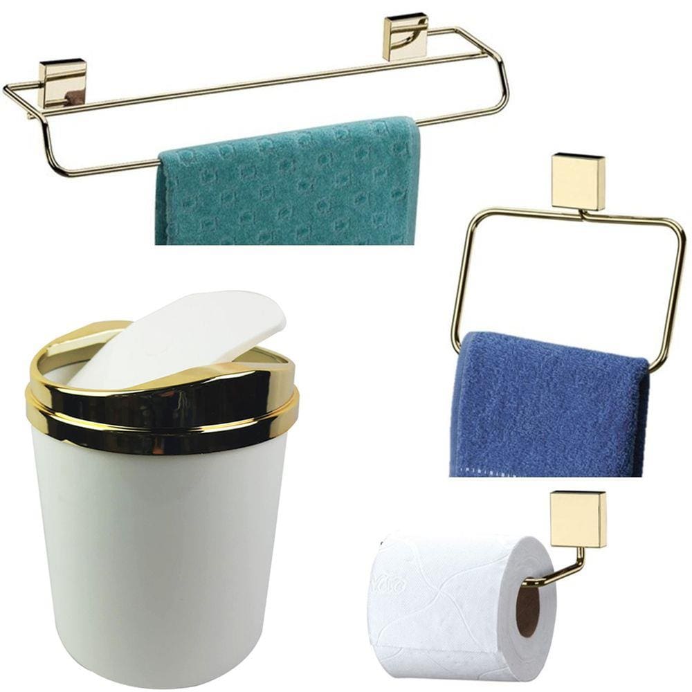 Kit 4 Peças Banheiro Lixeira + Papeleira + Toalheiro Duplo + Argola Dourado - Future
