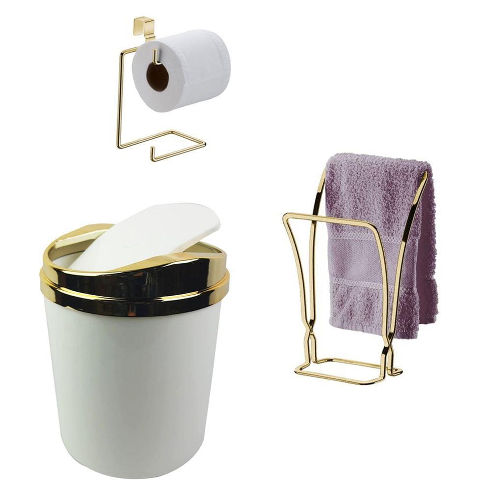 Kit Banheiro Dourado Porta Toalha Duplo Rosto + Suporte Papel Higiênico + Lixeira - Future
