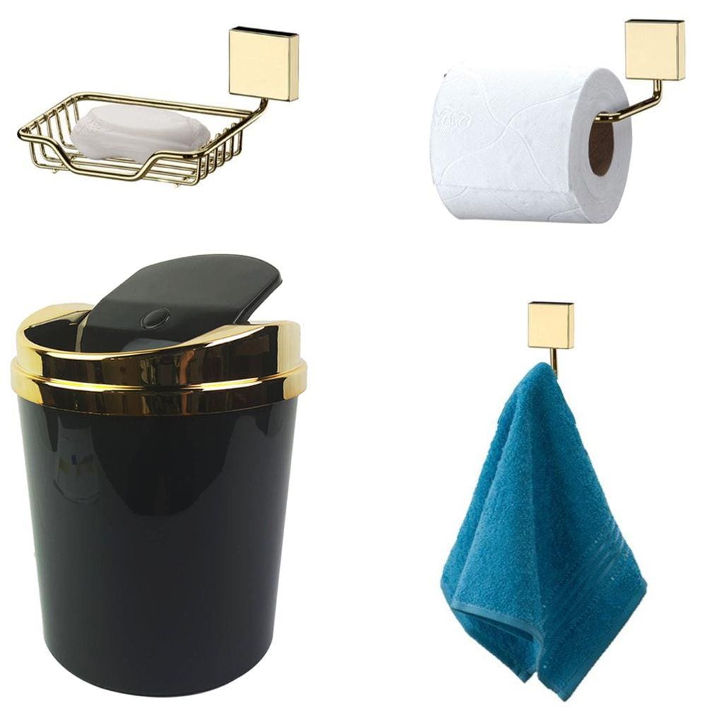 Kit 4 Peças Banheiro Lixeira + Papeleira + Cabide Toalha + Saboneteira Dourado - Future