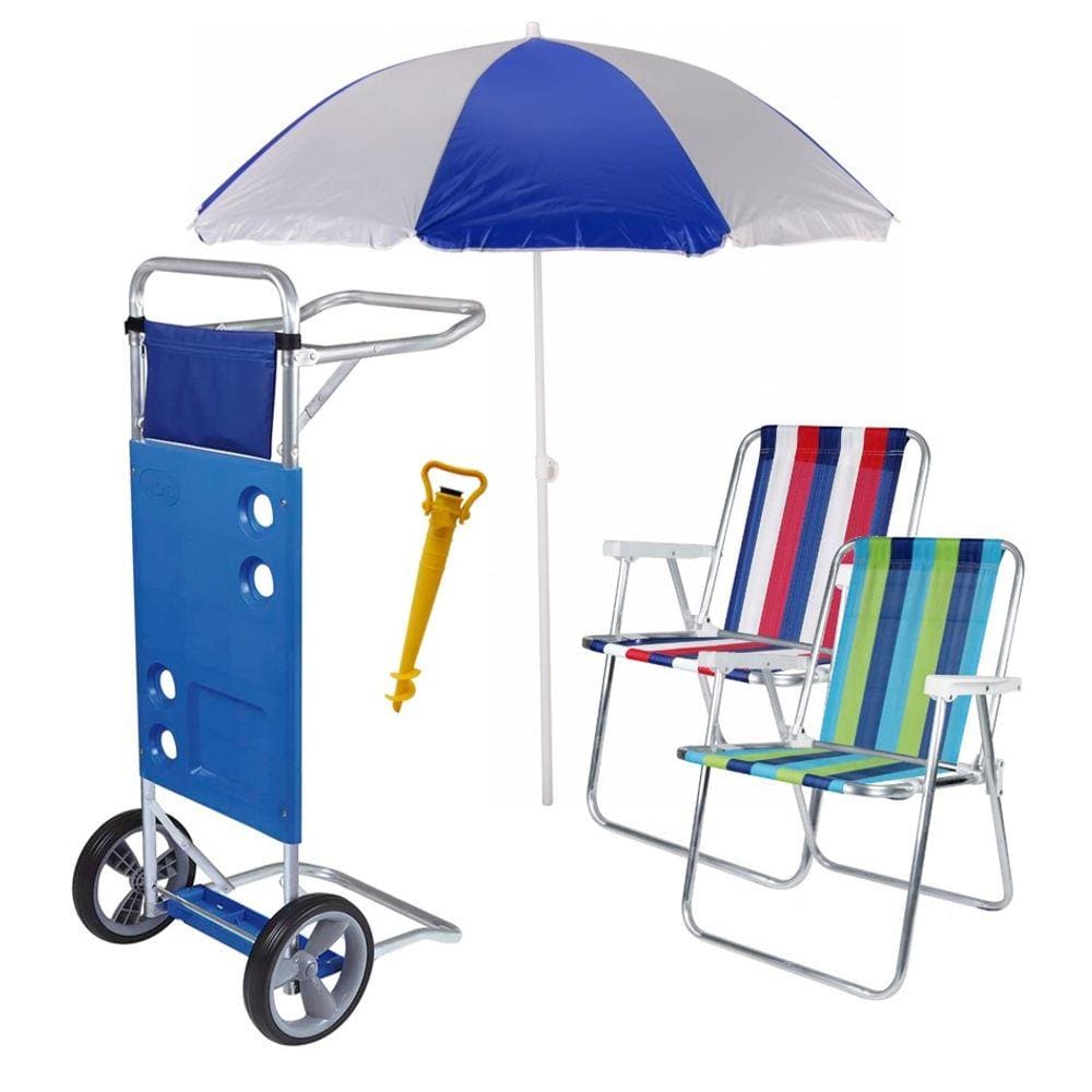 Kit Praia Carrinho De Praia + 2 Cadeira Alta Alumínio + Guarda Sol + Saca Areia - Mor
