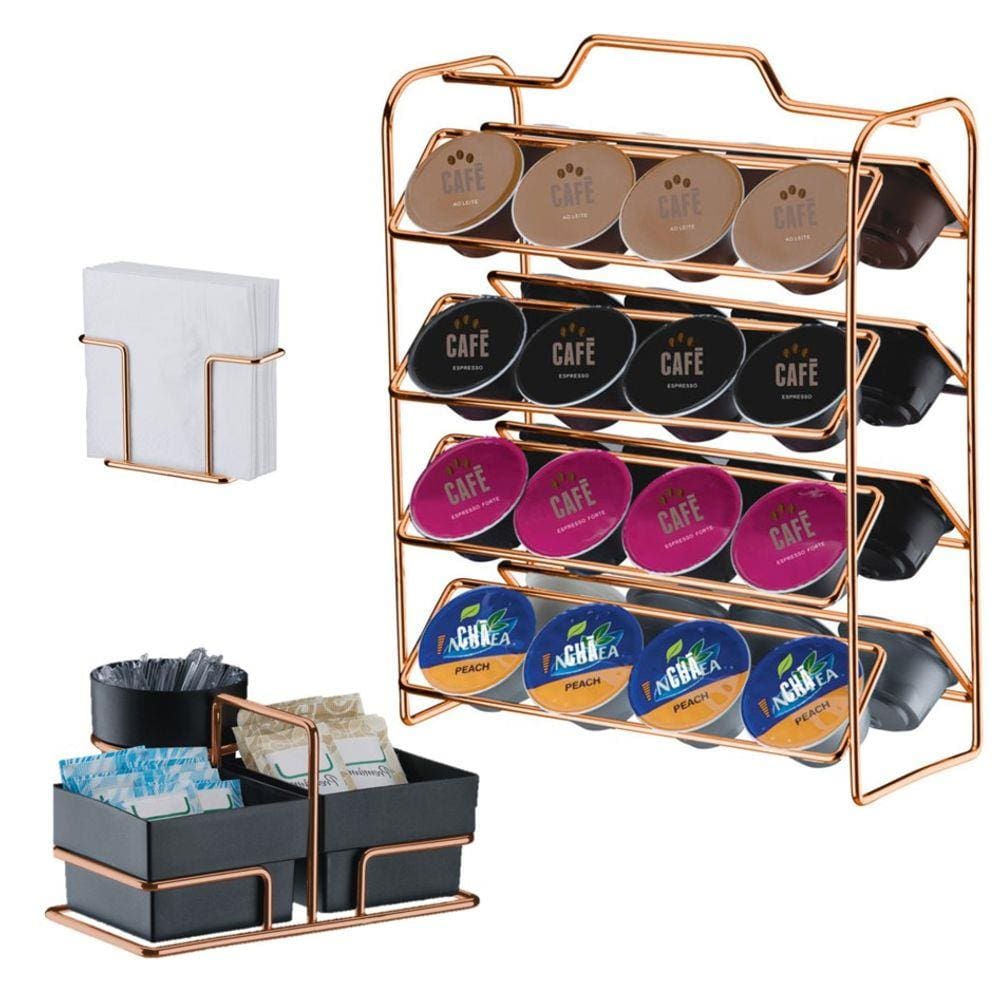 Kit Suporte 32 Cápsulas Dolce Gusto + Porta Guardanapos + Suporte Sachês - 1145RG Rosé Gold Future