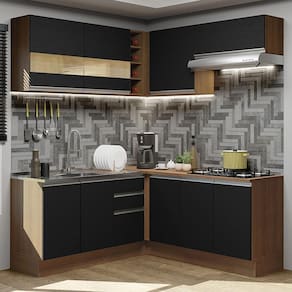 Cozinha Completa de Canto Madesa Glamy 349001 com Armário e Balcão (Sem Tampo e Pia) - Rustic/Preto