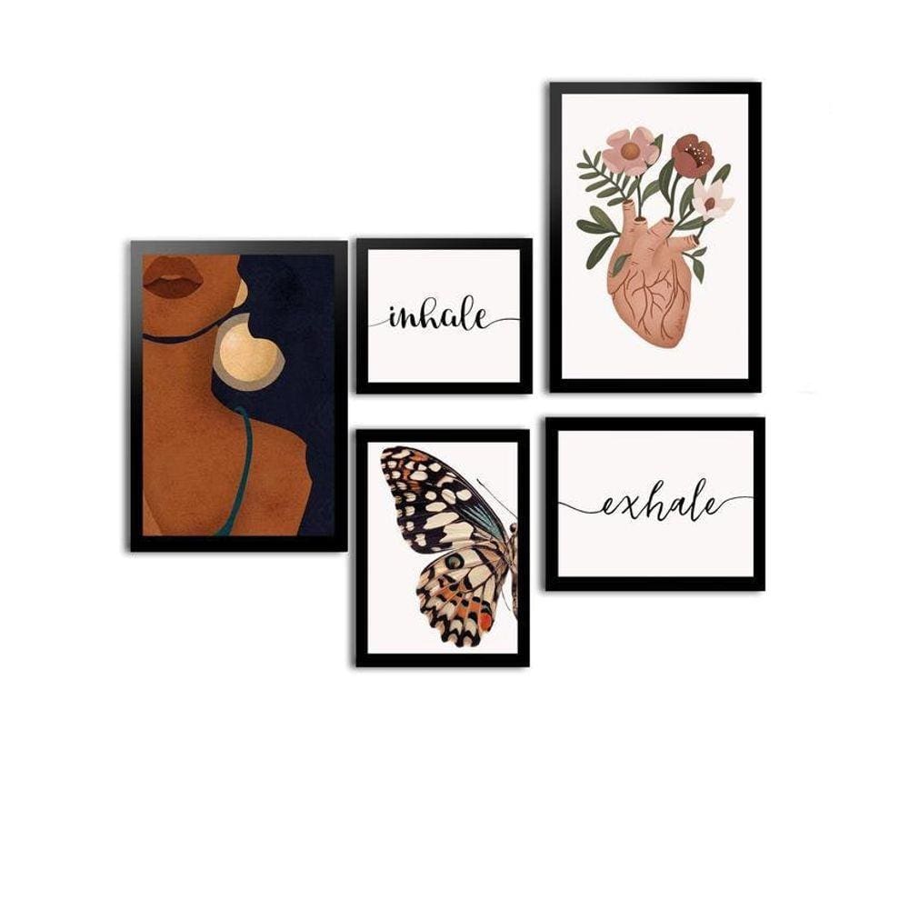 Kit 5 Quadros Decorativos Moldura Preta Inhale Exhale Boho