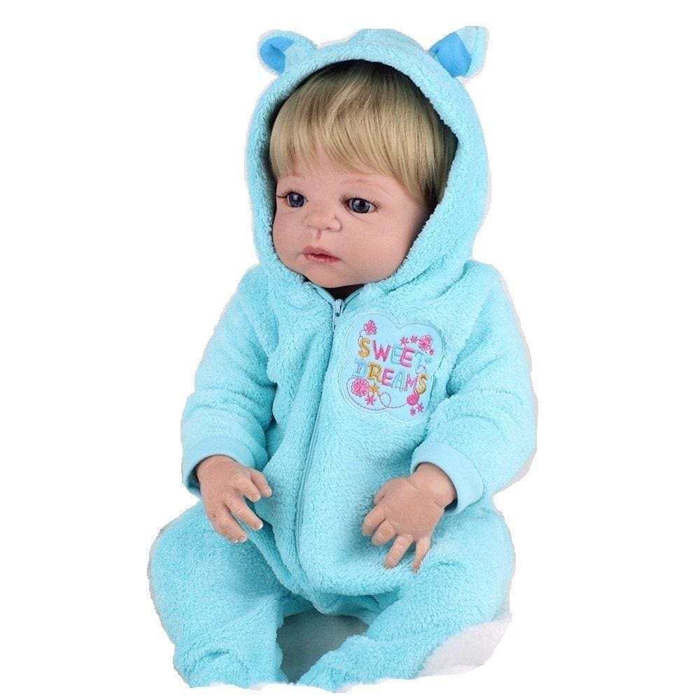 boneca bebe reborn menino corpo de silicone roupa azul com babador