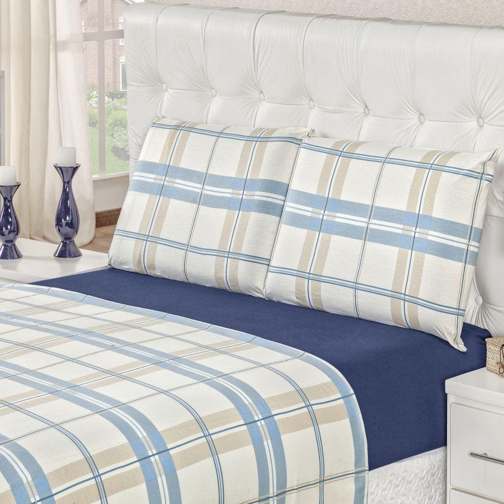 Jogo de Lençol Padrão em Malha 100% Algodão 4 Peças - Xadrez Azul